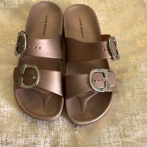 Lane Bryant double buckle slide sandals.